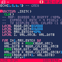 Code example in pico8 engine to display map data as image