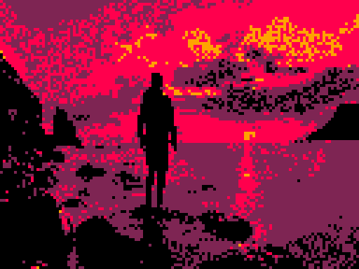 Lively sunset picture converted to lowres pico8 with ImgToPico8 and animated