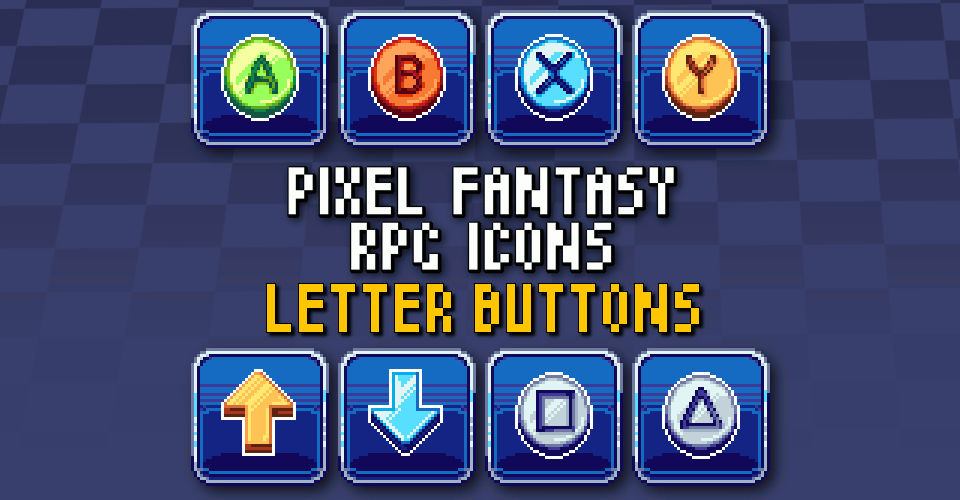 PIXEL FANTASY RPG ICONS LETTER BUTTONS Pixel art icons of A, B, X, Y buttons and arrow, square, triangle symbols on a blue checkered background.