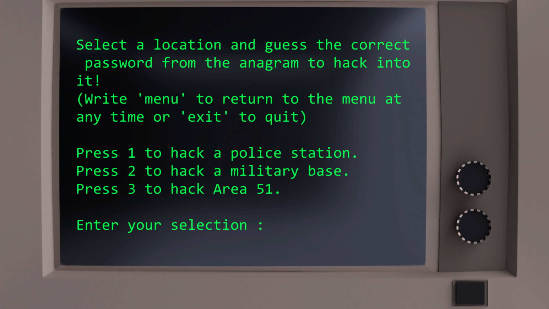 X-Terminal. Hack you. Hack menu. Guessing game.