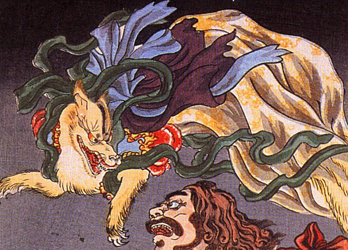 Utagawa Kuniyoshi / Prince Hanzoku terrorised by a nine-tailed fox