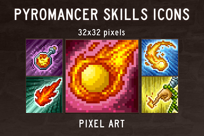 48 Pyromancer Skills Pixel Art Icons by Free Game Assets (GUI, Sprite ...