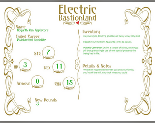 Electric Bastionland custom character sheet   - Custom fillable Art Nouveau style character sheet for Electric Bastionland 