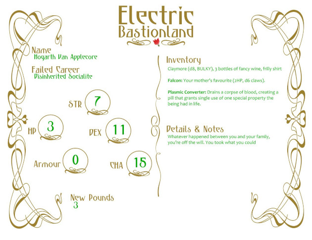 Cover image for Electric Bastionland custom character sheet