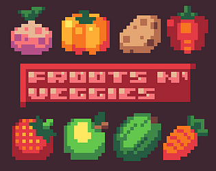 Pixel exotic fruits. Cartoon stylized fruit icons for 2D game, 8