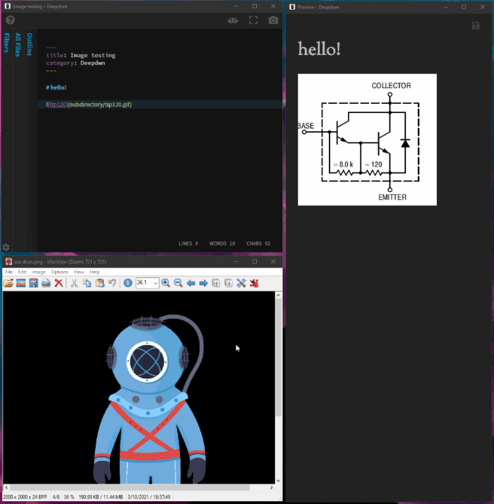 Animation of mouse selecting portion of an image in image editor, and copy-pasting into deepdwn editor window. Image section then appears in preview window.