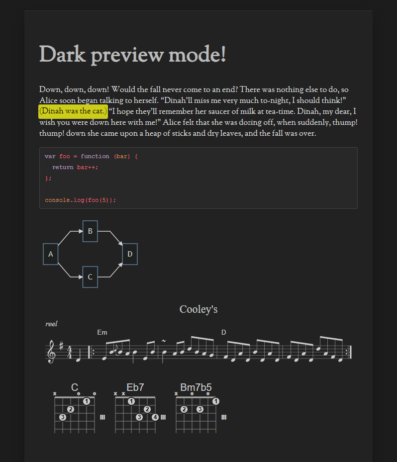 Preview window with heading ‘Dark preview mode.’ Dark colored background and light colored text and diagrams.