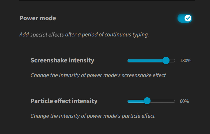 Power mode preferences with separate range sliders for screenshake and particle effect intensity