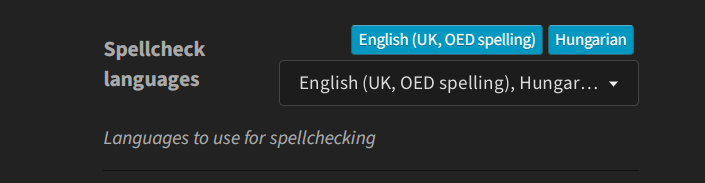 Preferences for spellcheck languages. Two buttons with selected languages above closed dropdown used for selection