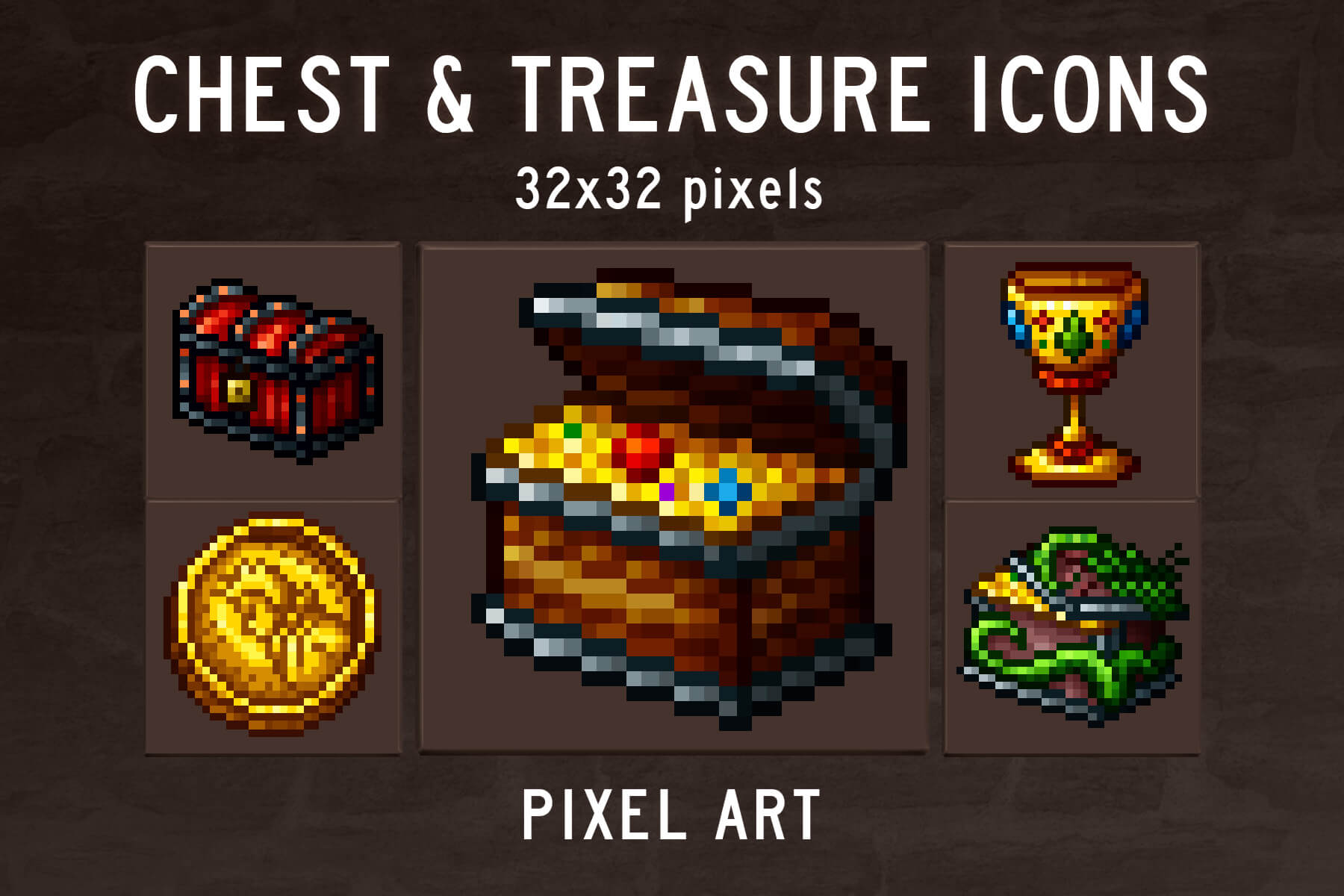 48 Chest and Treasure Pixel Art Icons by Free Game Assets (GUI, Sprite ...