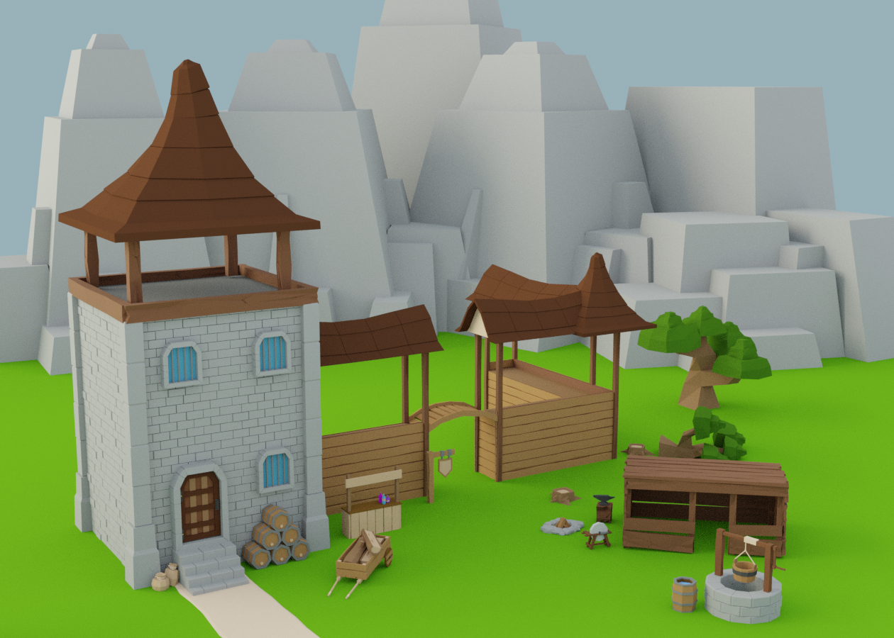 Low-Poly Medieval Village Construction Kit
