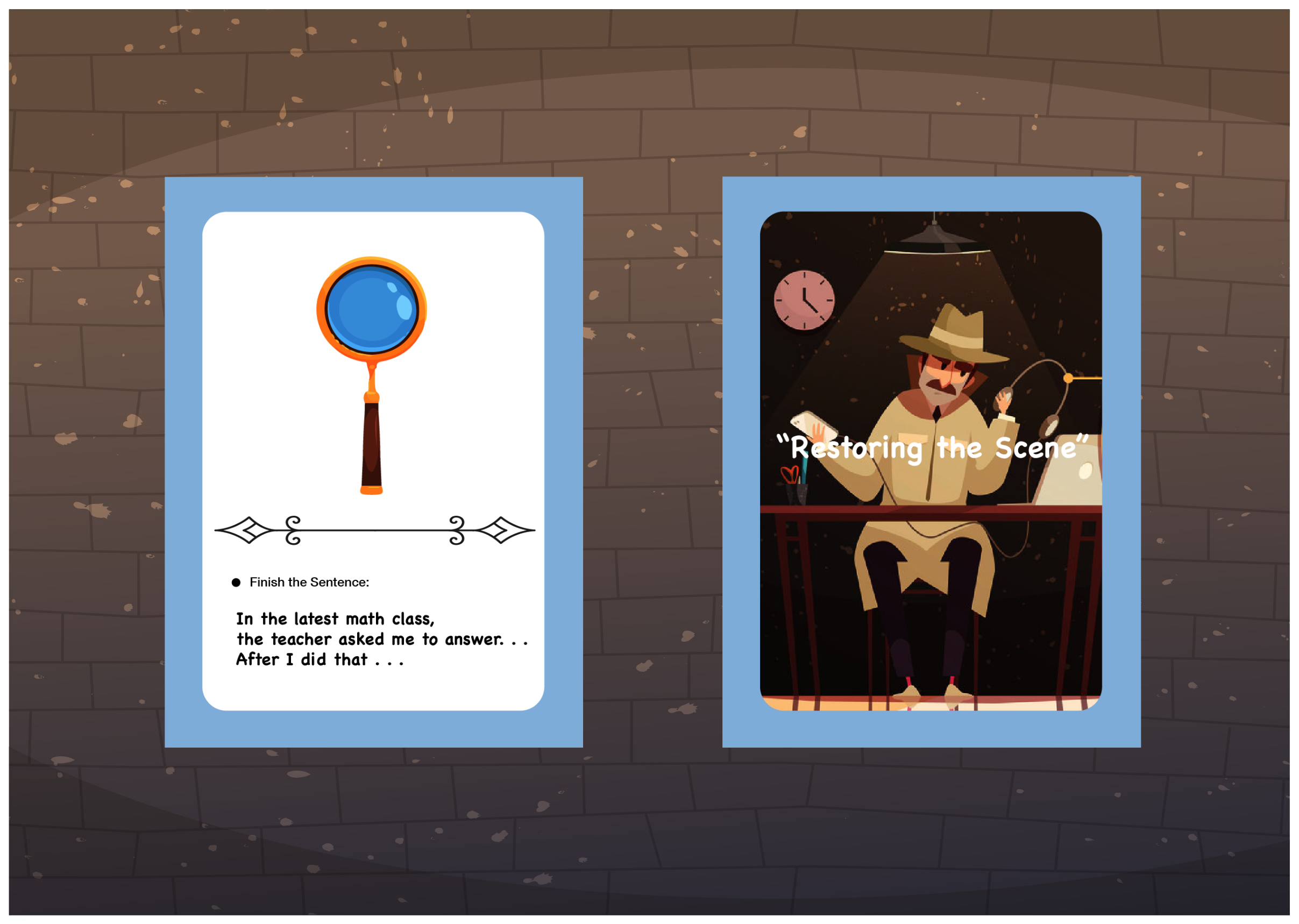 An example of "Restoring the Scene" cards (the left: the front design, the right: the back design)