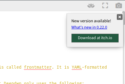 Editor window with notification in the upper right corner reading ‘New version available!’