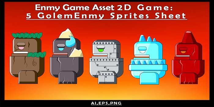 Enmy Game Asset 2D Game: 5 Golem Enmy Sprites Sheet