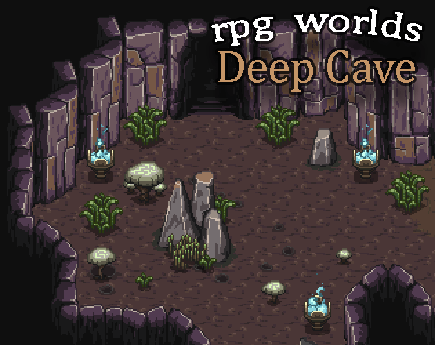 rpg worlds Deep Cave Pixel art cave scene with stone walls, glowing blue torches, rocks, and green plants. Text reads 'rpg worlds Deep Cave'.