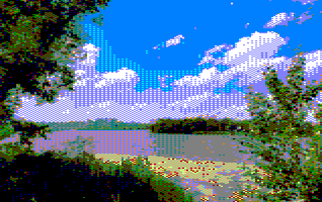 Tropical forest island landscape image converted to amstrad with ImgToCpc (mode0)