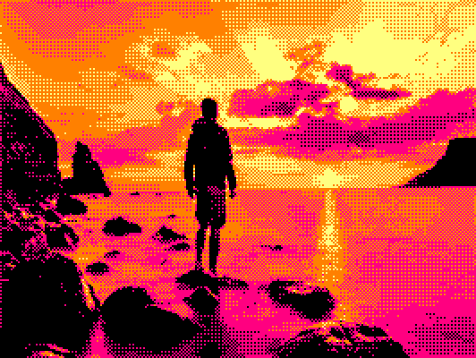 man standing near seashore at sunset photo converted to amstrad cpc with ImgToCpc