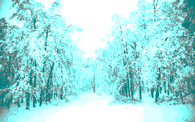 snow-covered forest winter landscape image converted to amstrad with ImgToCpc