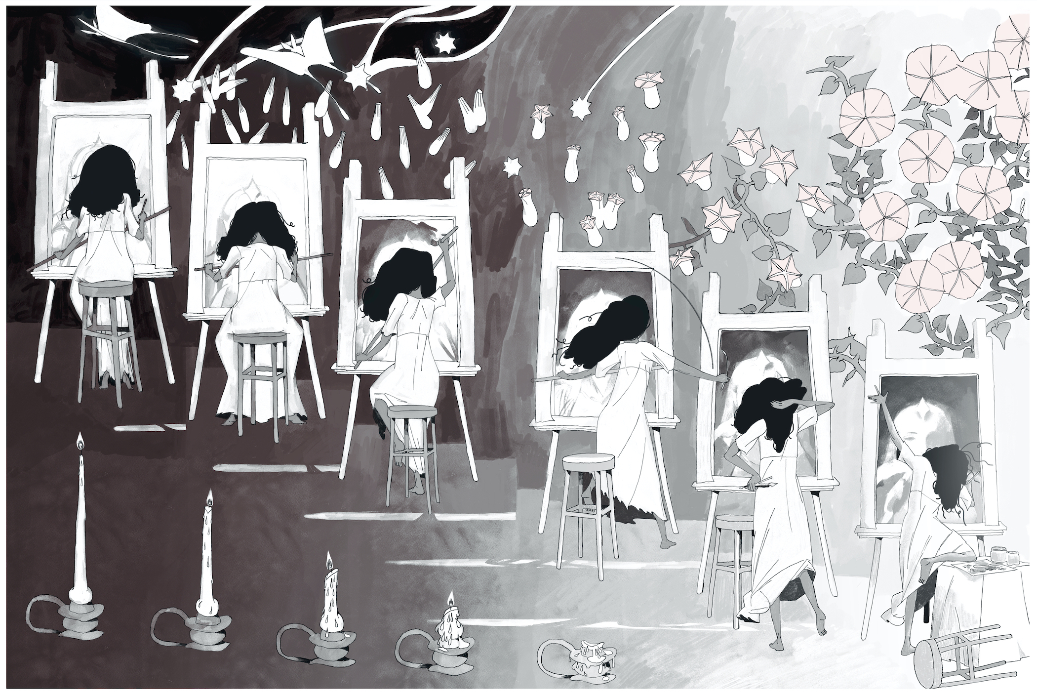 A splash page for the comic "Canvas" by Theo Stultz. The spread depicts a woman in a white dress going through the process of painting a portrait, with six different drawings showcasing the various stages of her creative process. As time passes, she goes from sitting on her chair in a poised posture to abandoning the chair entirely, and her body language becomes increasingly animated with each drawing. A series of five melting candles in the bottom left corner illustrates the passage of time, as does the gradual blooming of morning glories in the upper right corner of the page.