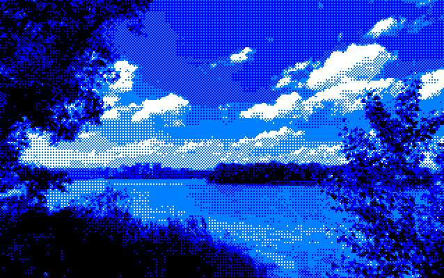 Tropical forest island landscape image converted to amstrad with ImgToCpc (mode1)