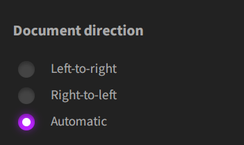 Heading reading ‘Document direction’, with radio buttons labeled ‘Left-to-right’, ‘Right-to-left’ and ‘Automatic’