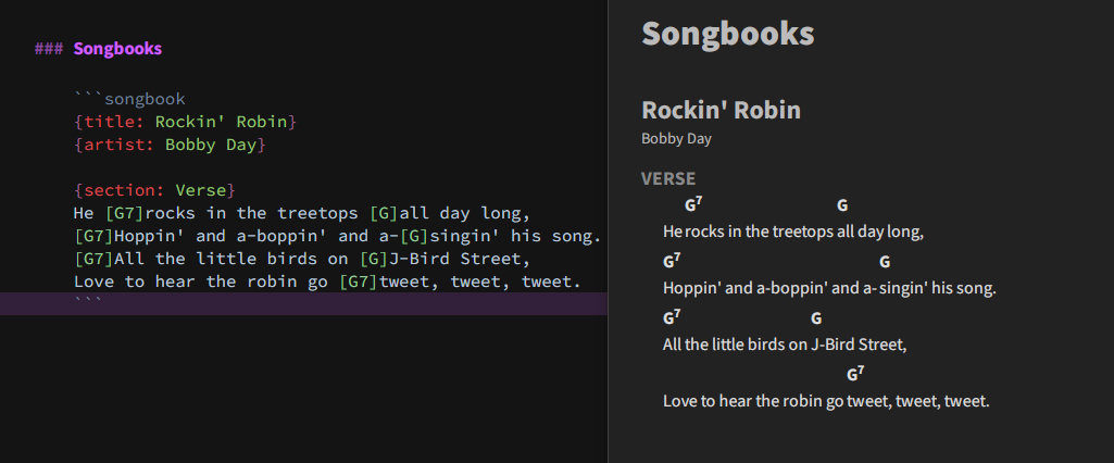 One verse of Rockin’ Robin by Bobby Day in songbook format in a code block on the lef., with rendered lyrics shown in preview on the right