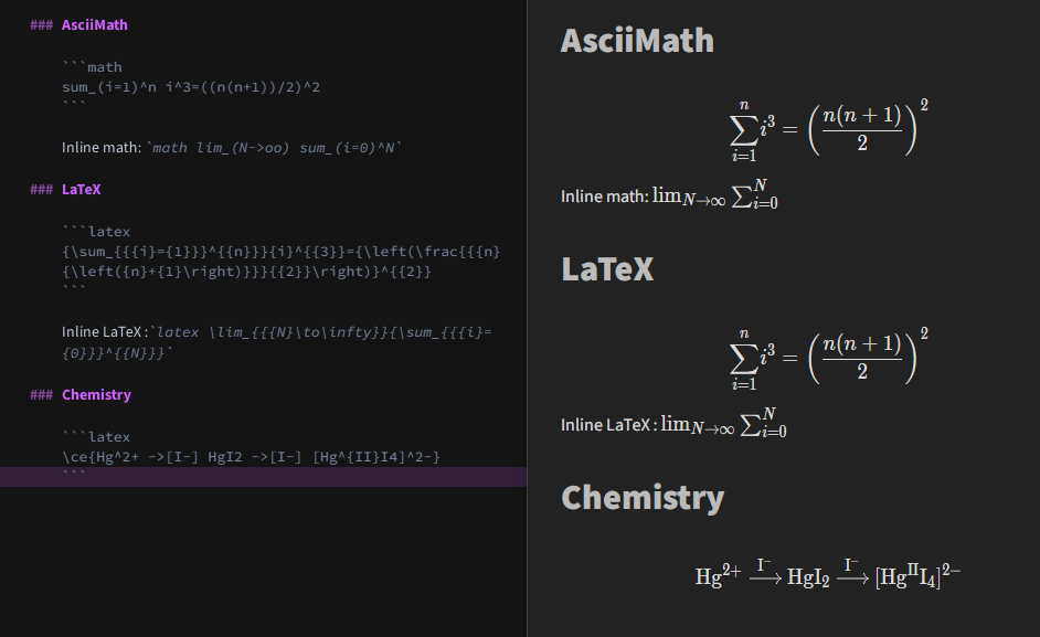 Math code and inline blocks in AsciiMath and LaTeX formats, along with chemistry notation in mhchem format. Rendered equations appear in the preview window on the right.
