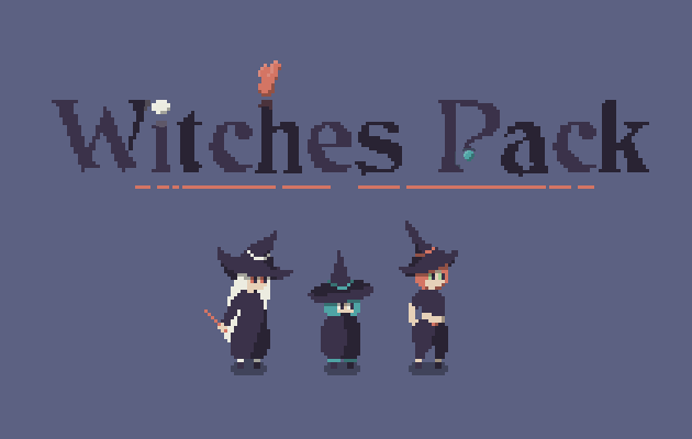 Pixel art of three witches in black hats and robes under the text 'Witches Pack' on a purple background.
