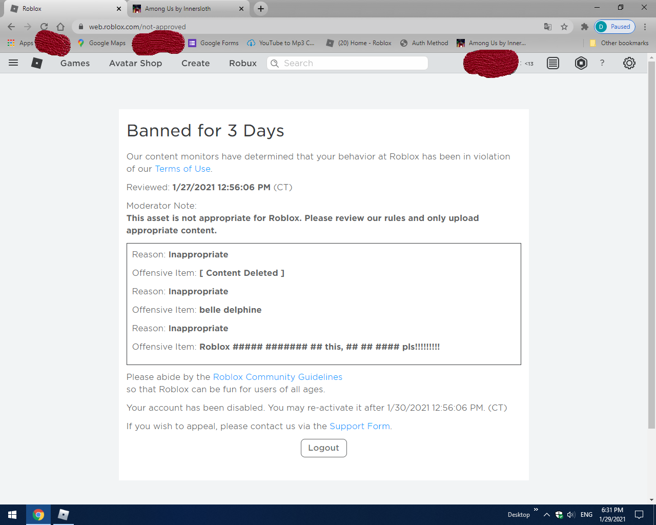 Post By Trollfy In Among Us Comments Itch Io - i got banned from roblox for 3 days