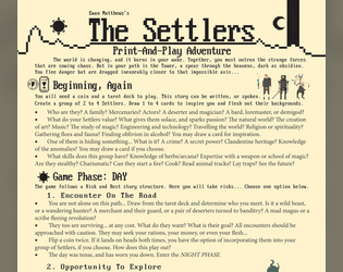 The Settlers Print-And-Play Adventure   - A game of imagination, writing, character creation, and divination. 
