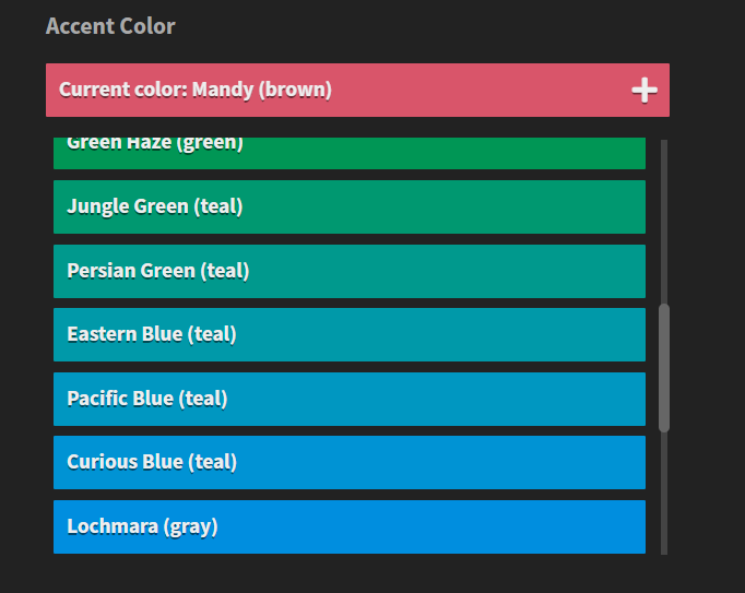 Accent color picker with currently selected color and several presets with labeled colors