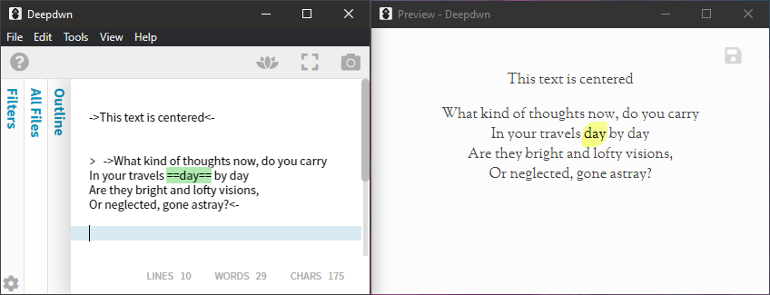 Editor and preview window with centered and highlighted text