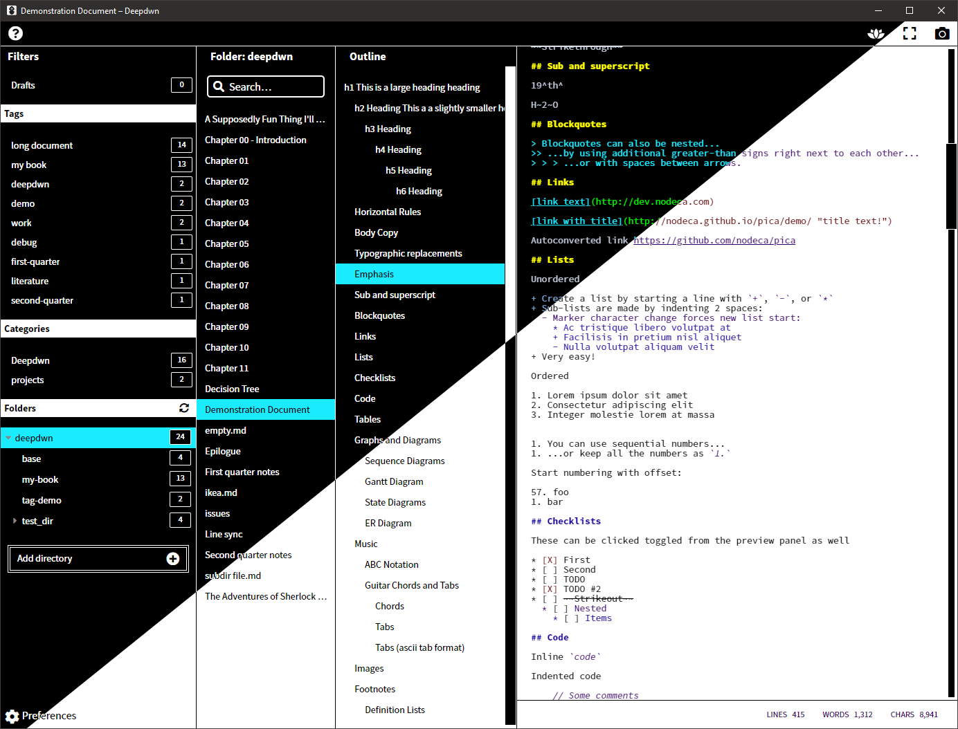 Editor with highcontrast mode enabled, showing dark and light themes