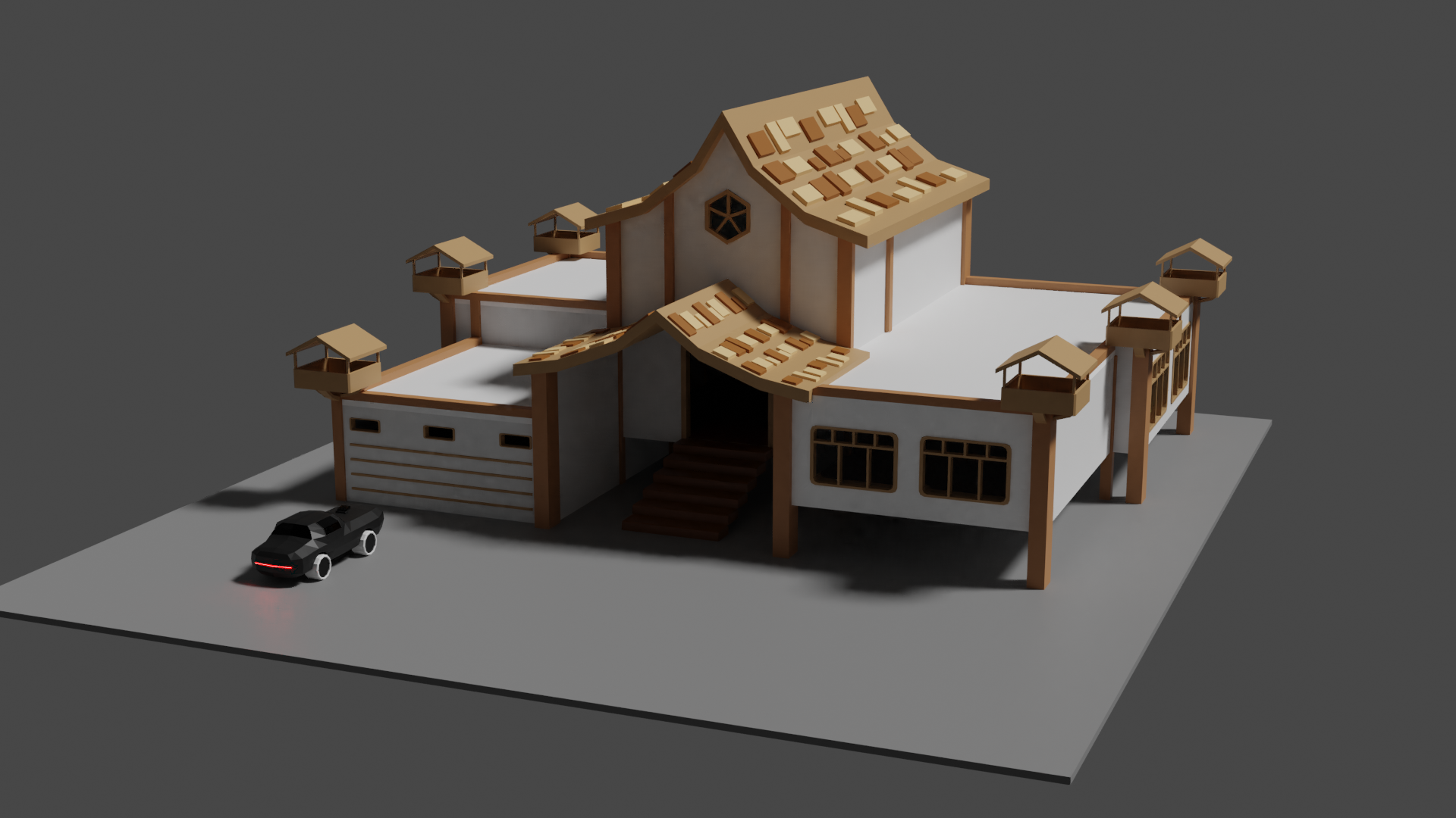 Low Poly House with a Car and Interiors