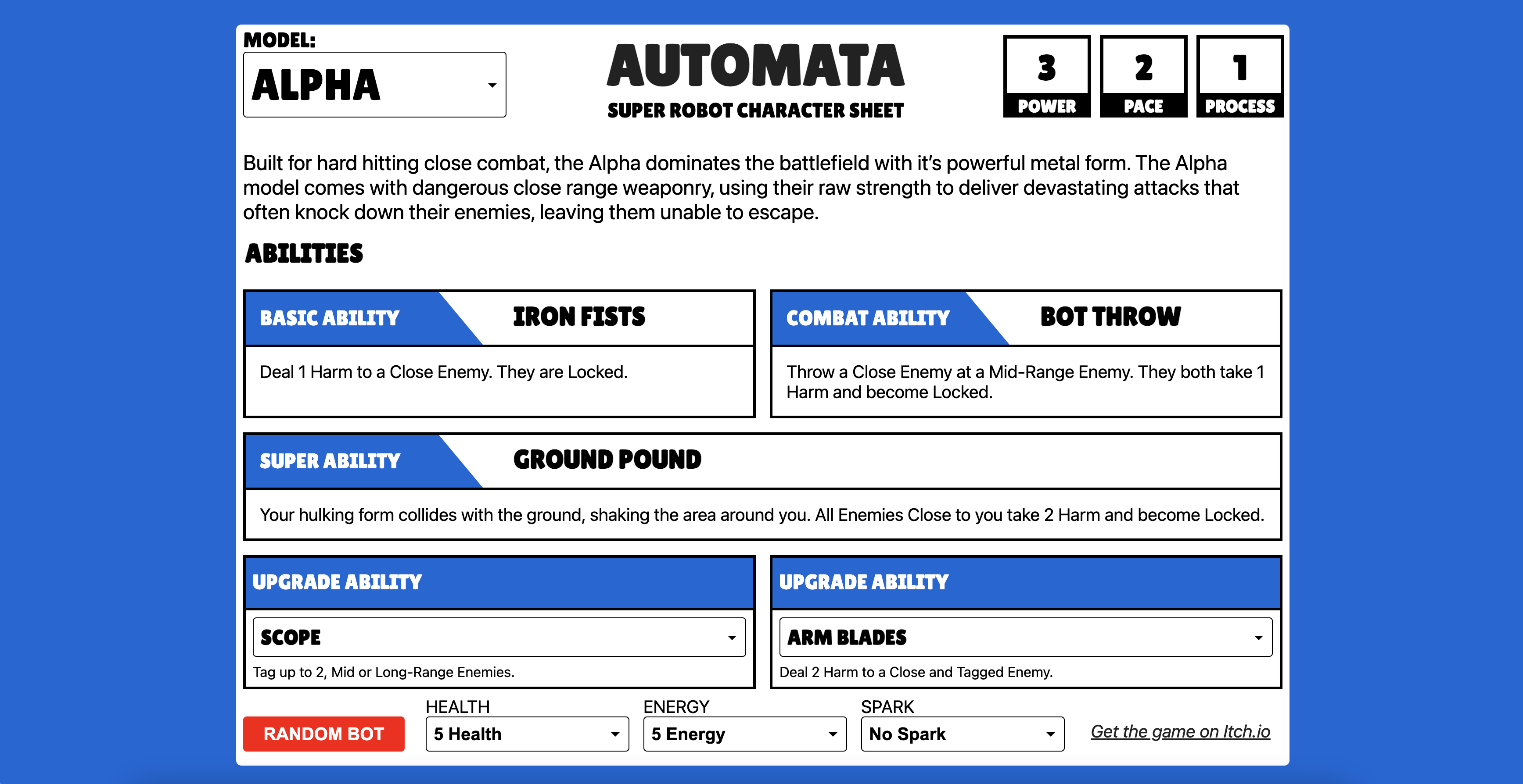 A picture of the digital character sheet for the game AUTOMATA. The sheet depicts a series of abilities that the play can use, as well as trackers for their stats, such as Health, Energy, and Sparks