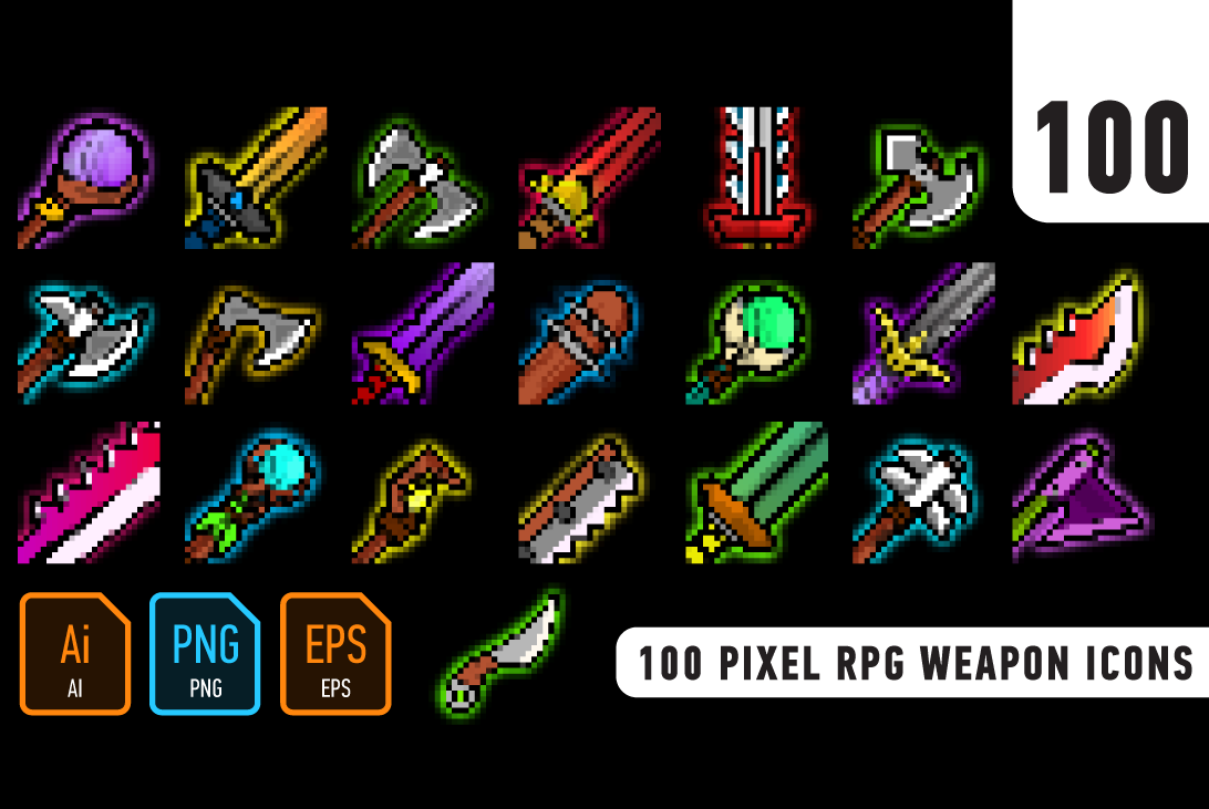 100 Pixel RPG weapon icons