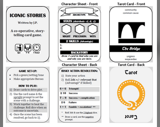 Iconic Stories   - tarot, card game, storytelling game, rules-light, 2d6, cooperative, solo, gmless, GM prep 