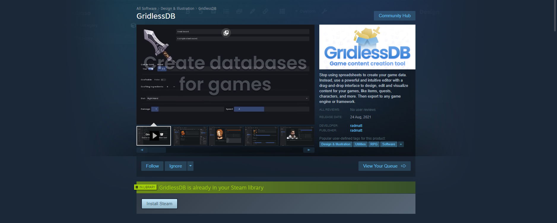 GridlessDB on Steam