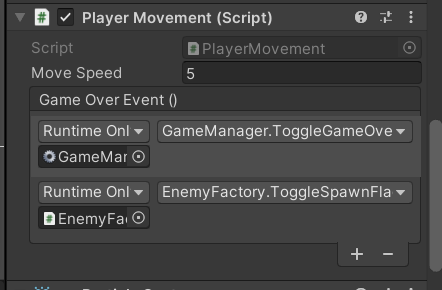 Unity events used in Dodge, the Player script fires an event when it's hit to two game objects, and calls specific functions