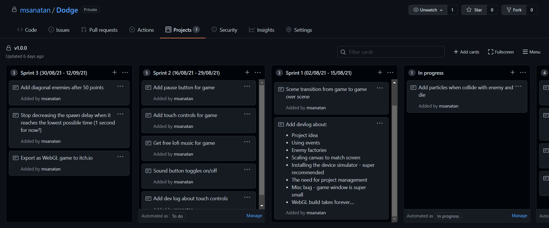 View of my kanban board in GitHub Projects