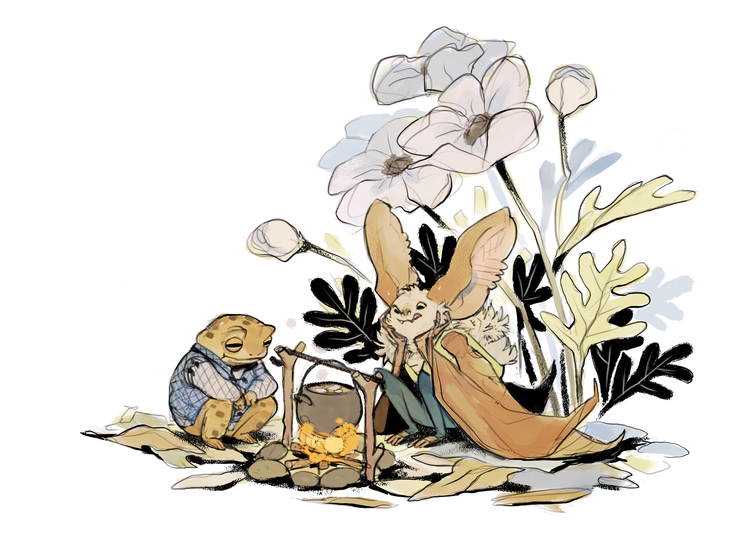 Children's book illustration of a toad and a bat sitting next to a patch of massive flowers, while starring at a small cauldron over a tiny fire.