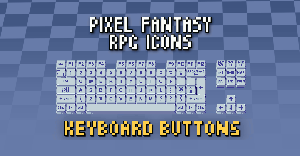 Pixel art keyboard with labeled keys on a blue checkered background, text reads Pixel Fantasy RPG Icons Keyboard Buttons.