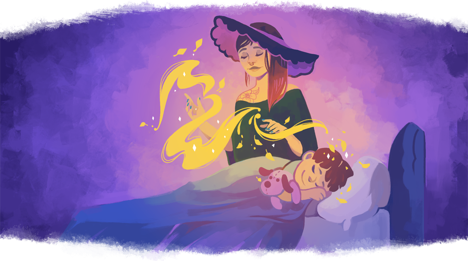 A witch helping a little child sleep, golden magical swirls surrounding her hands, a gentle purple background behind them.