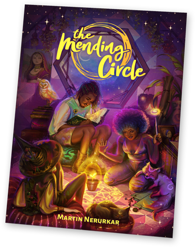 A mockup of the book cover showing three witches in purple and orange, with the title The Mending Circle in yellow