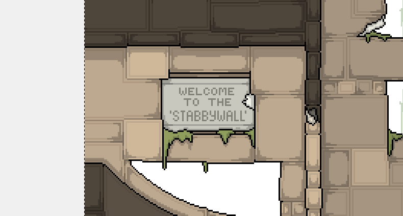 Same patch of wall, but now with sign saying "Welcome to the 'Stabbywall'"