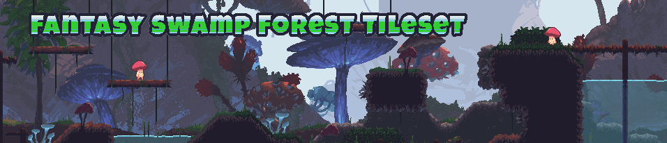 Pixel art banner of a fantasy swamp forest with large mushrooms, platforms, and small characters wearing mushroom hats.