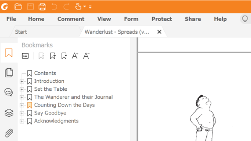 Screenshot of Wanderlust open in a PDF editor with Bookmarks displayed.