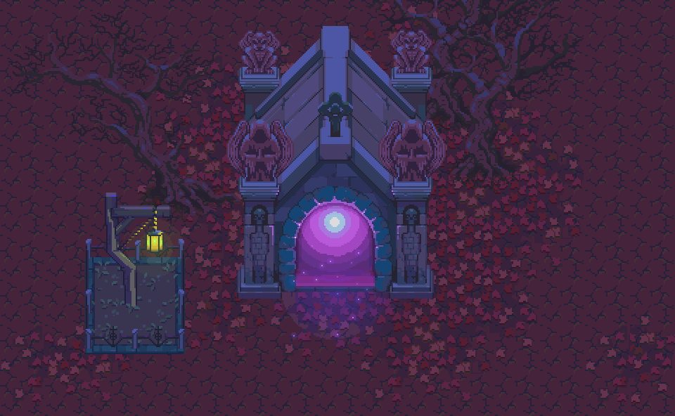Pixel art of a glowing portal in a gothic mausoleum, surrounded by gargoyle statues and autumn leaves.