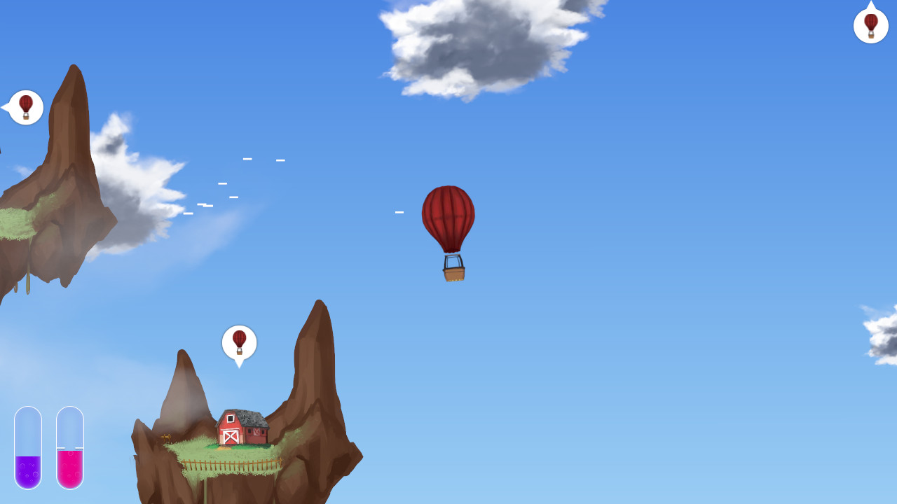 The end-of-day 2 build, showing initial implementations for balloon, island, and building assets, as well as the fuel and altimeter gauges and speech bubble markers