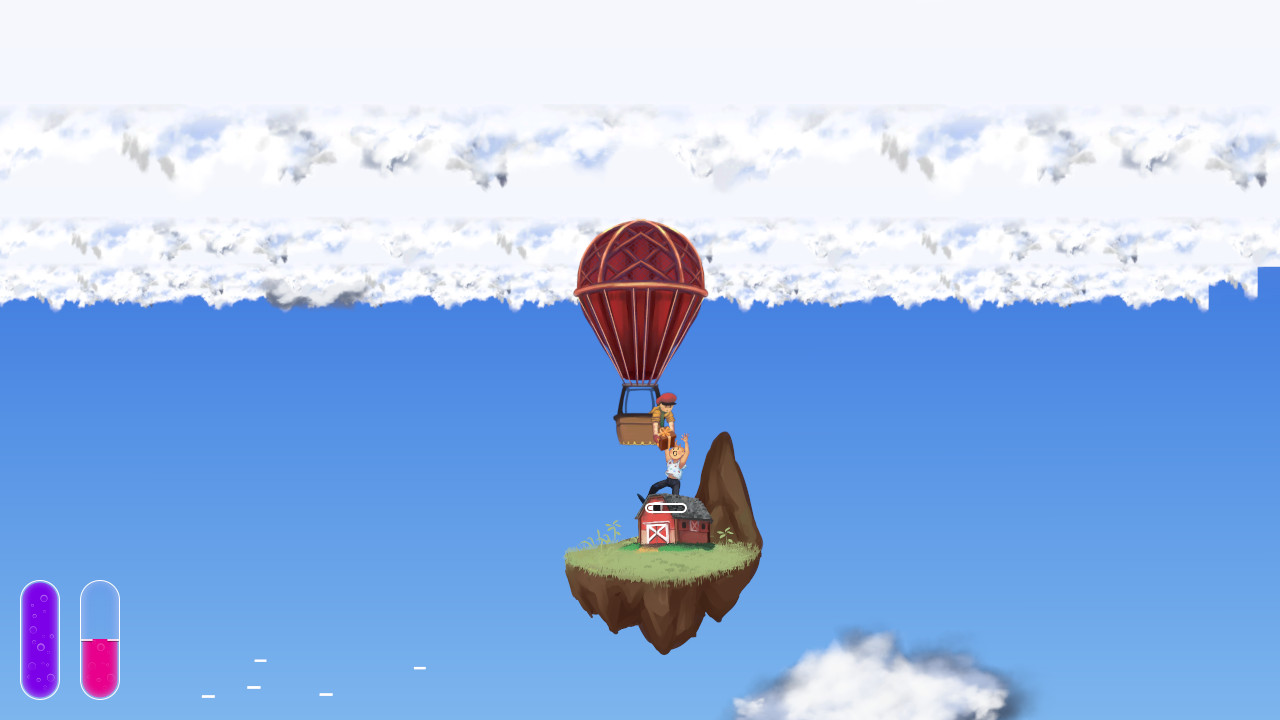 A photo of the middle-of-day-3 build, showing a male villager receiving a wrapped gift and the updated balloon sprites